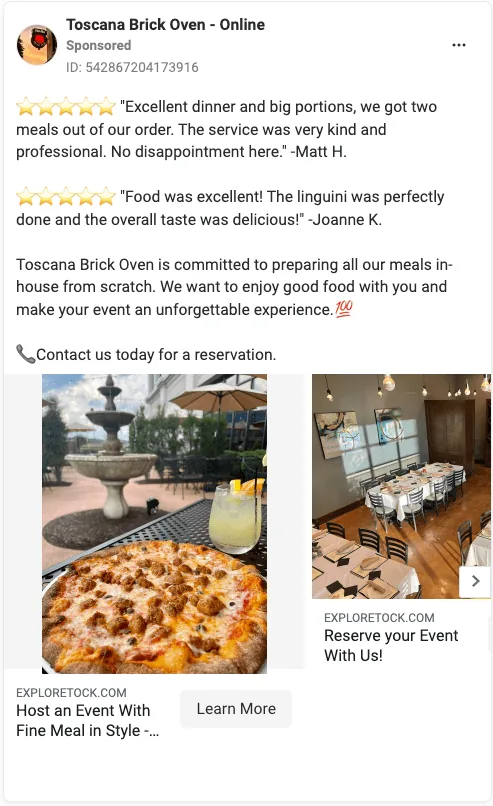 Meta ad creative 2 of 12 for a restaurant client